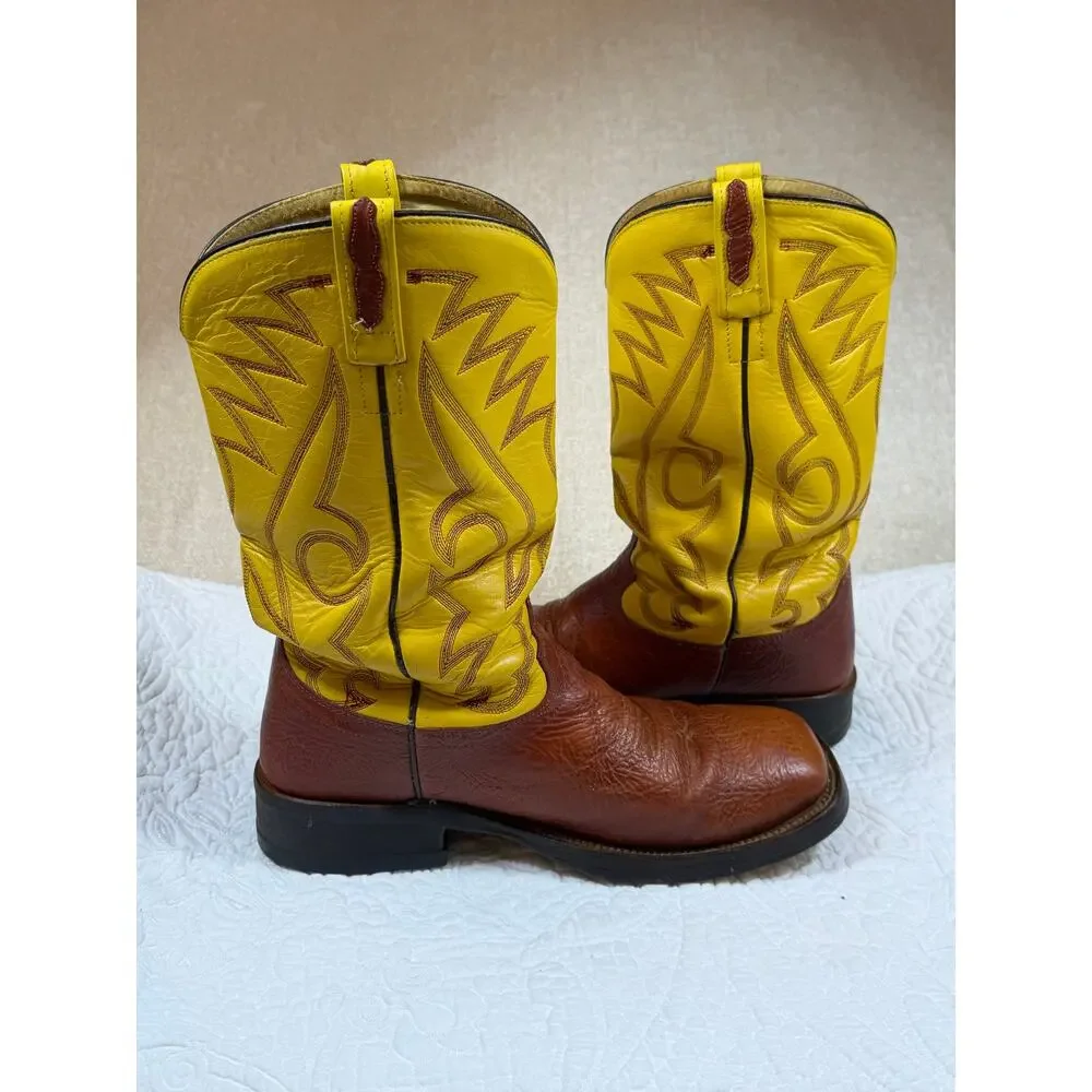 Old West Men 8D Brown Yellow Two Tone Square Toe Western Cowboy Boots Rodeo